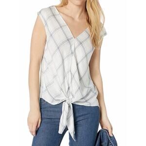 Max Studio Sleeveless Plaid Tie Hem Top V Neck White Blue Size S